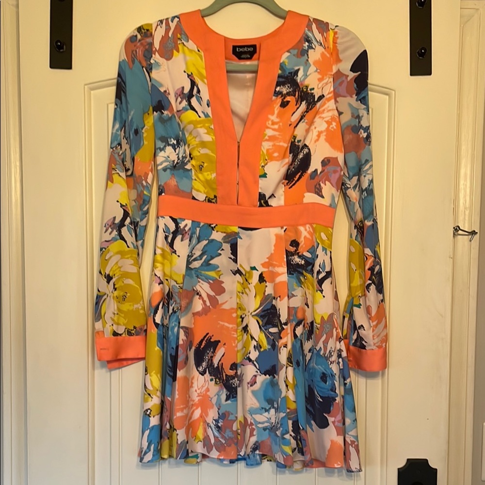 Bebe Blue and Yellow Long Sleeve Sundress